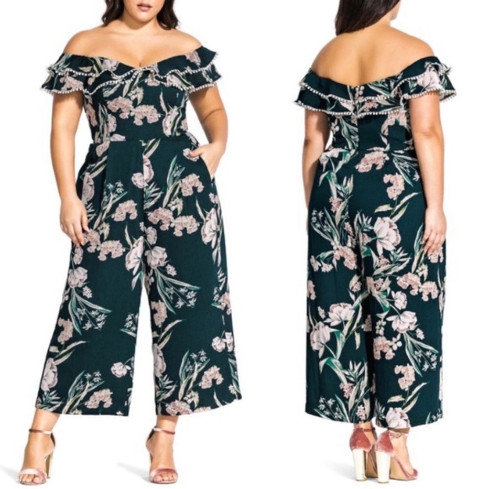 Make Offer City Chic Floral Off-Shoulder Jumpsuit